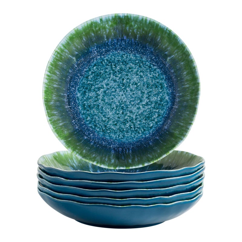 Topmela Melamine Pasta Bowls Large Salad Bowls Set 9 inch Sets of 6 pcs Soup Bowls Wide Shallow Flat Turquoise Teal Round Dinnerware Tableware Dishwasher Safe Not Microware Not Oven - Image 1